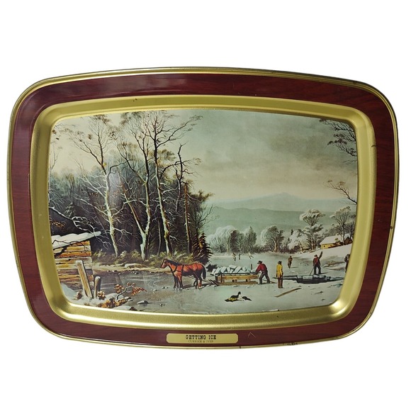 Vintage‎ Currier and Ives Tin Tray Getting Ice Serving Tray Cottage Core SEE - Picture 1 of 11